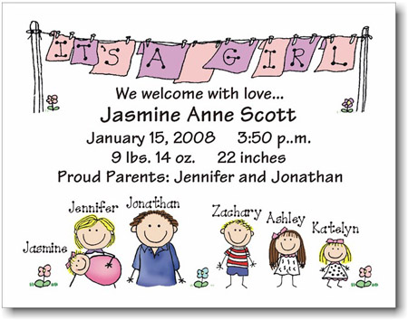 Pen At Hand Stick Figures Birth Announcements - Diaper - Girl